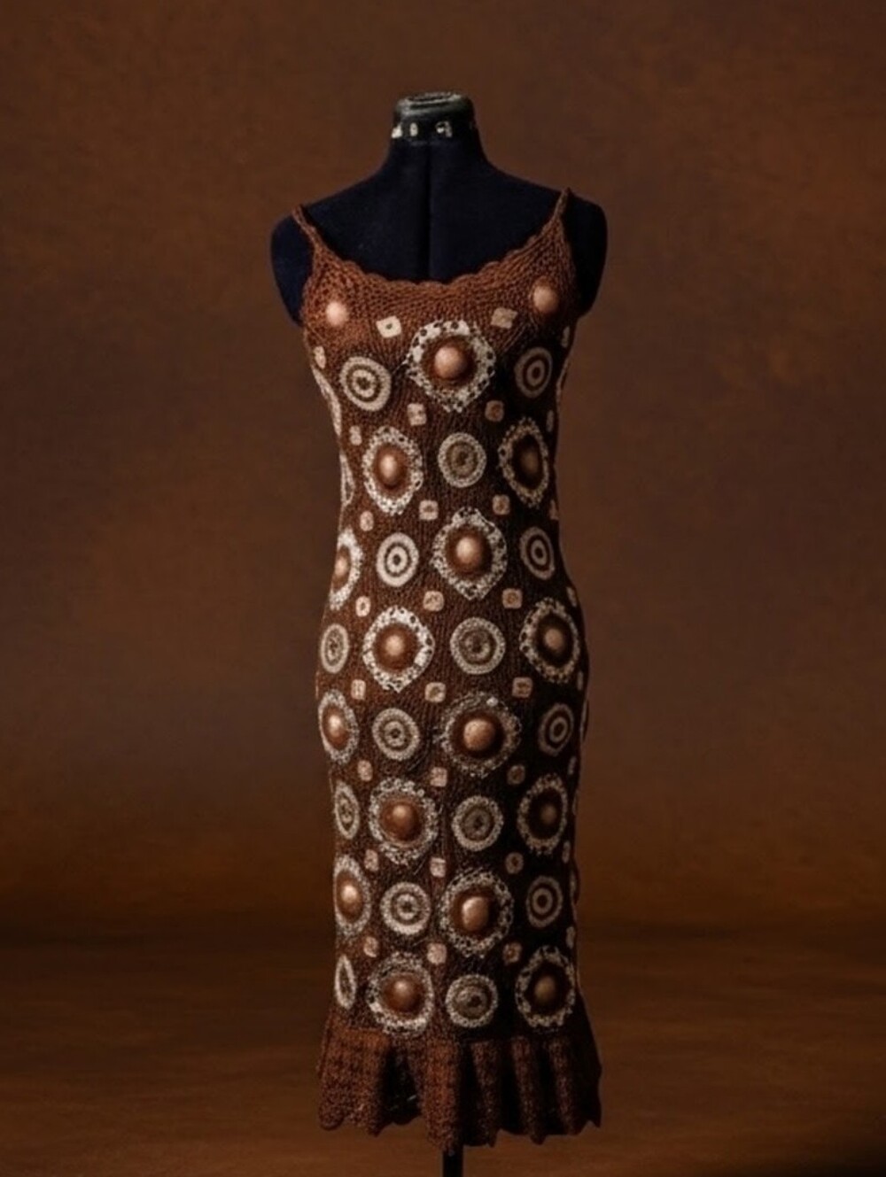 Handmade Geometric Brown/Cream Crochet Midi Dress